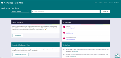 The Naviance home screen is pictured above. There are different menus including the "What's New" which has information about what colleges are visiting North, 