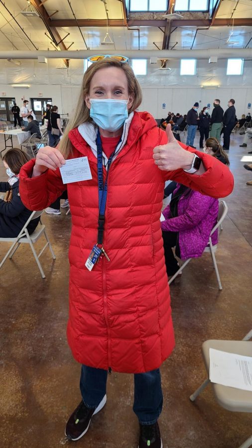 English teacher Katherine McCleary waits to receive her COVID-19 vaccine. 