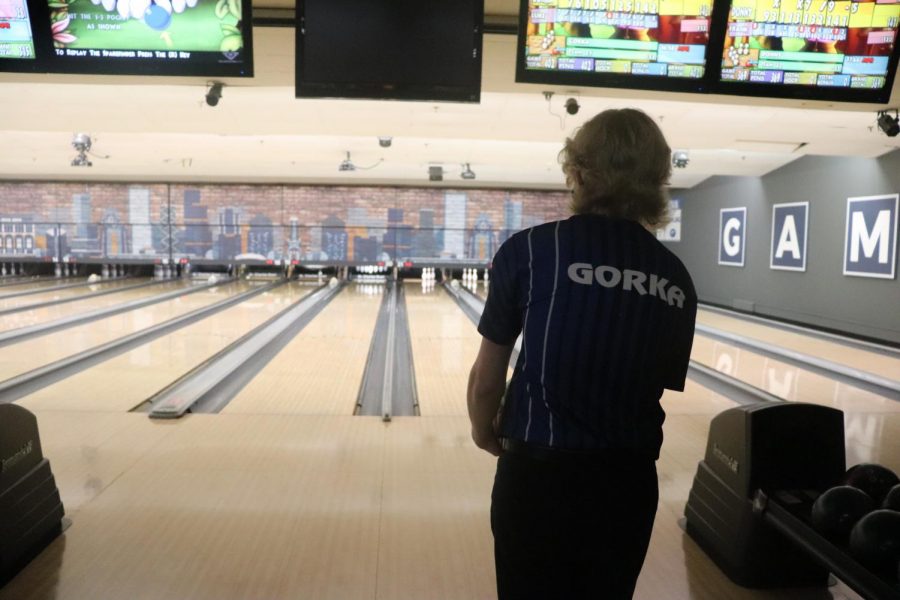 Senior varisty bowler Ronnie Gorka stands while staring down the pins at the March 2 meet against Lake Park High School