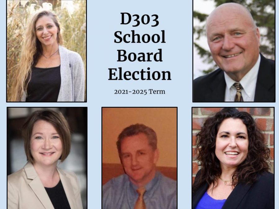 Candidates for the April 6 D303 School Board election; top, left to right: Kate Bell, Jim Stombres; bottom, left to right: Heidi Fairgrieve, Edward McNally, Carolyn Waibel.
