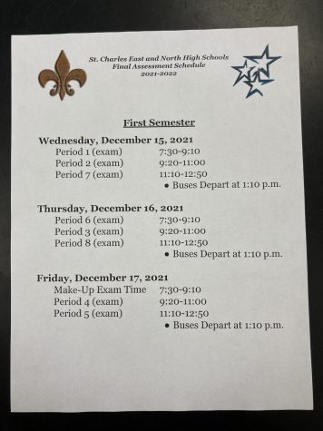 The schedule for final exams on Dec. 15-17. There are three exam periods per day. 