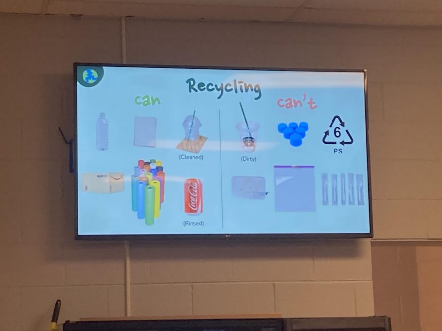 A TV screen outside the cafeteria provides information about recycling guidelines