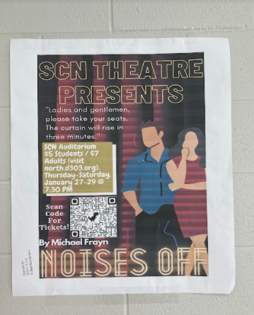 A promotional poster for Noises Off hangs in the hallway.