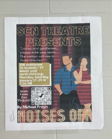 A promotional poster for "Noises Off" hangs in the hallway.