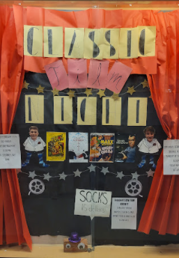 Film Club decorated a display case to promote their movie nights.