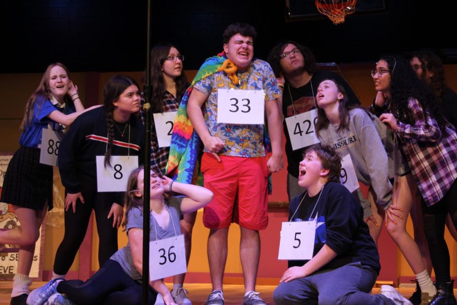 The+cast+of+%E2%80%9CThe+25th+Annual+Putnam+County+Spelling+Bee%E2%80%9D+rehearses+a+scene+from+the+musical.