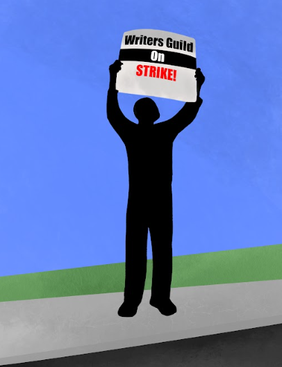 Graphic of a writer on strike. 