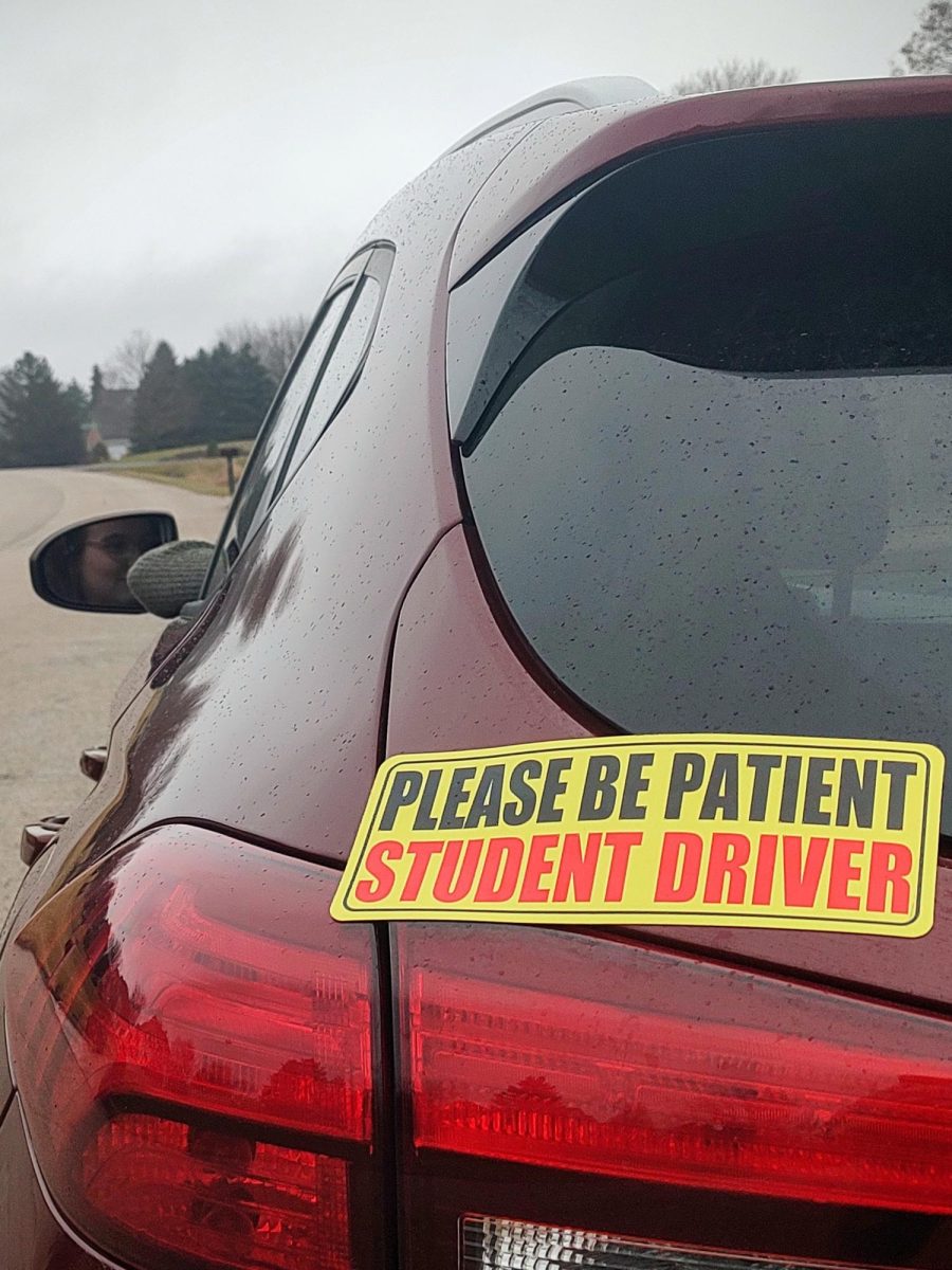 Nicole Hannah, North alumna driving a car with a student driver sticker on the back.