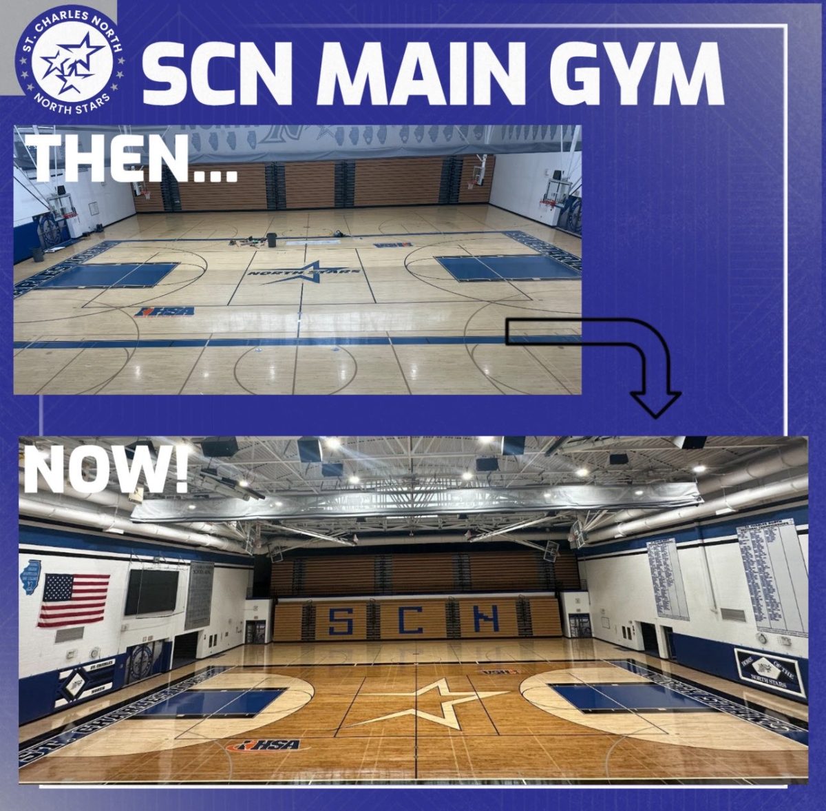 A before and after of the main gym's flooring