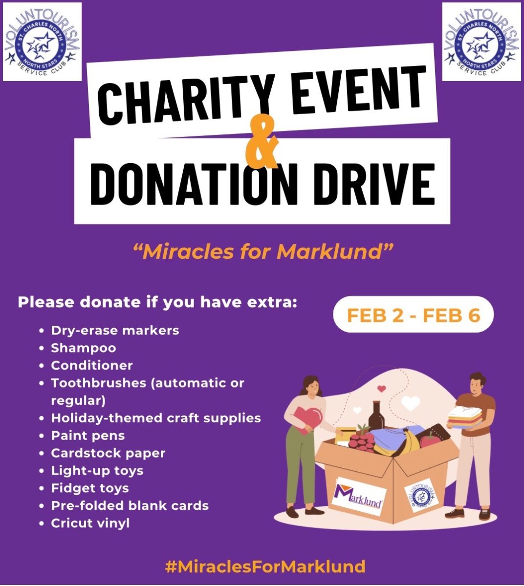 Voluntourism asked for a variety of donations in their "Miracles for Marklund" fundraiser, shown on the poster created by Voluntourism co-presidents Aria Bhate and Keya Patel.
