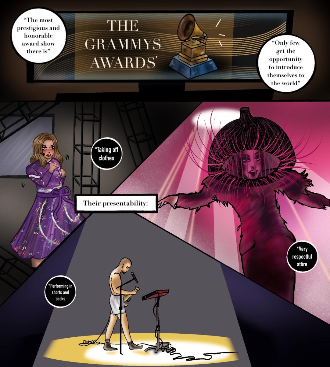 The Grammys, a prestigious award show for famous singers and other celebrities, should be attended with presentability; celebrities should recognize and be grateful for the opportunity to be there, and should dress and perform appropriately.